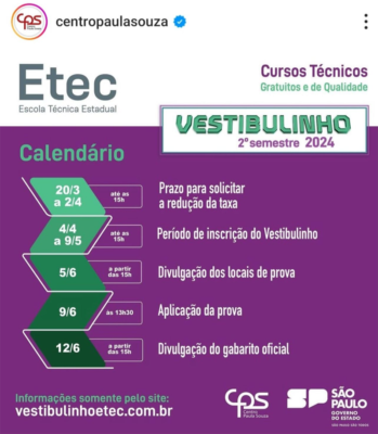 Vestibulinho Etec: confira o calendário para o 2º semestre de 2024