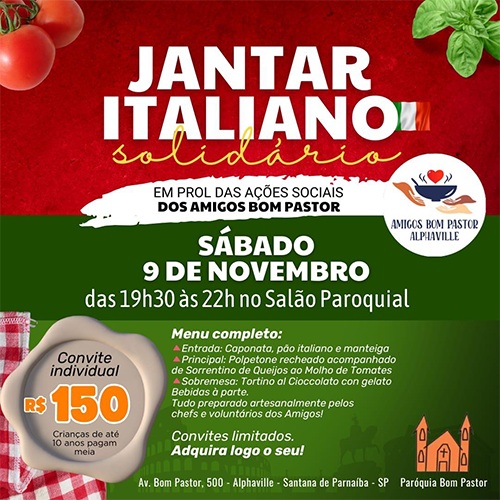 Jantar Italiano Solidário da Paróquia Bom Pastor acontece dia 9