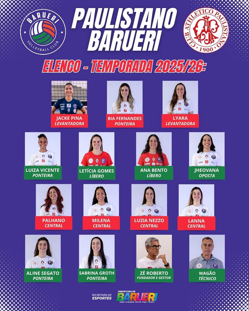 Paulistano Barueri anuncia elenco de vôlei para temporada 2025/2026